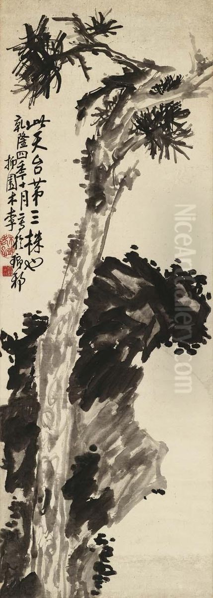 Pine And Rock Oil Painting by Li Fangying