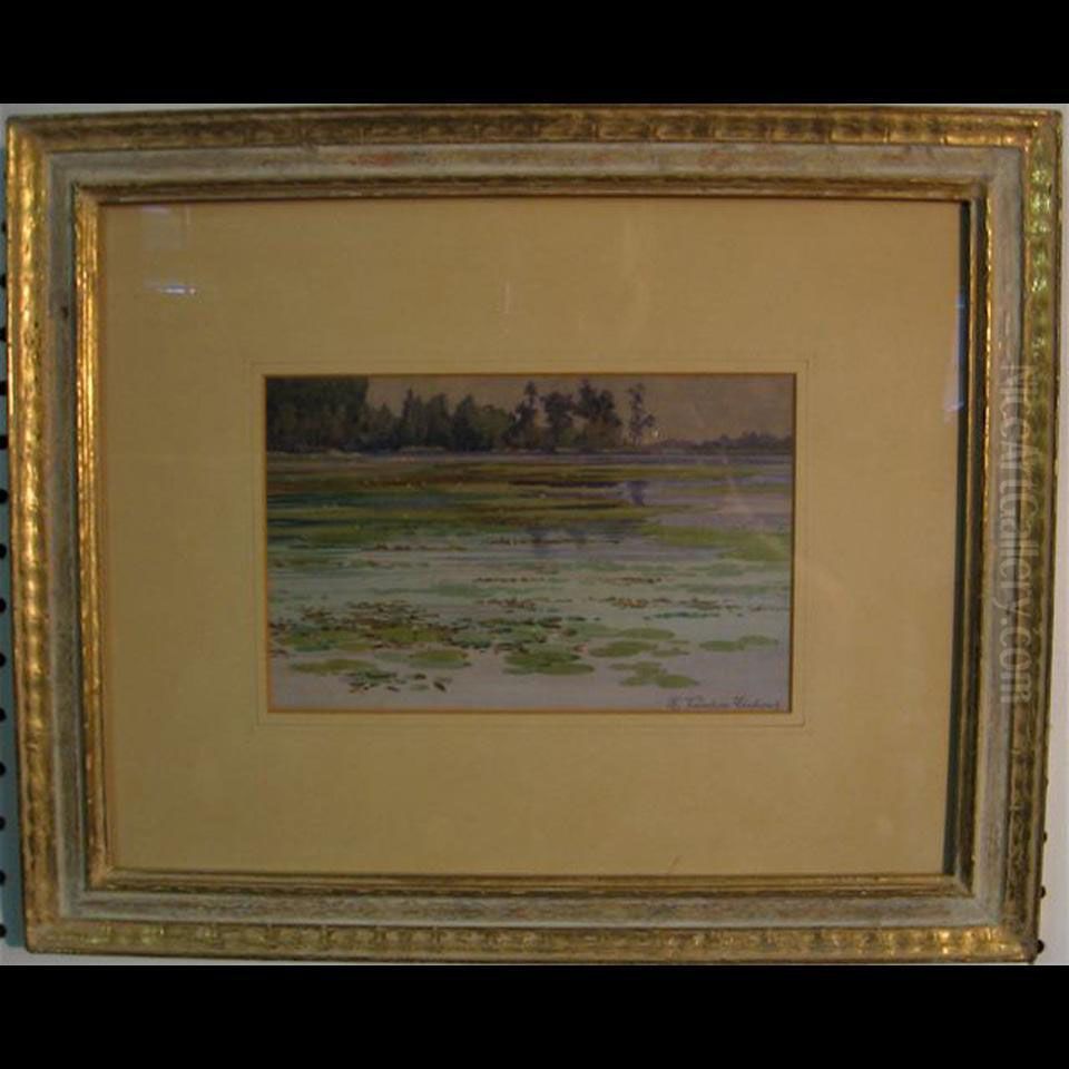 Tranquil Lake Scene With Water Lilies Oil Painting by Hubert Valentine Fanshaw