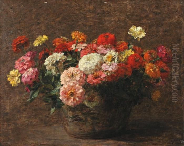 Bouquet De Zinnias Oil Painting by Victoria Dubourg
