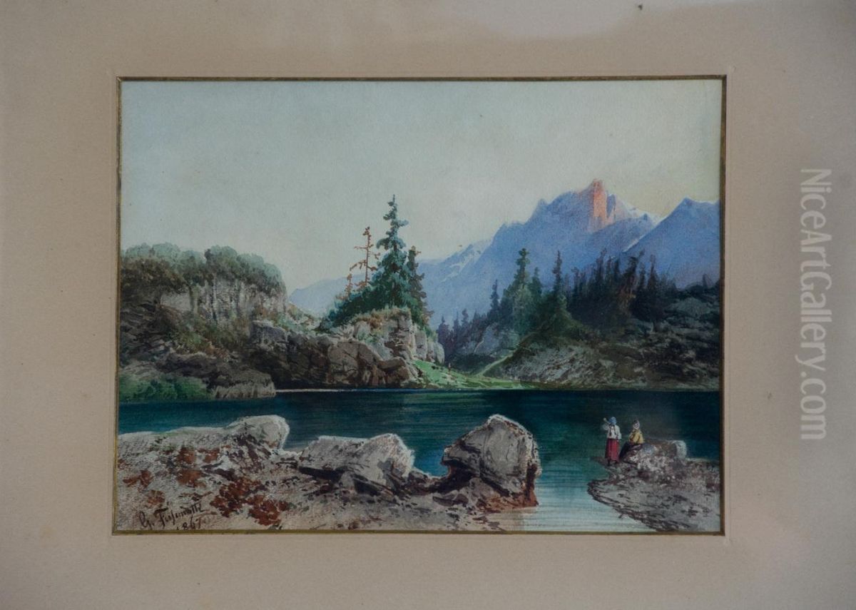 Laghetto Alpino Con Figure Oil Painting by Gaetano Fasanotti