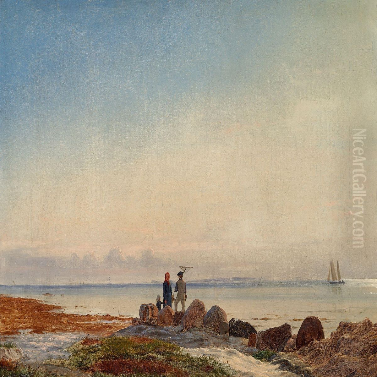 Fisherman And His Family On The Beach Oil Painting by Viggo Fauerholdt