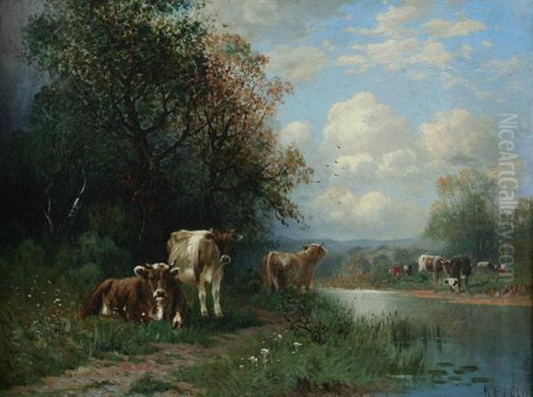 Cows At Creek Oil Painting by Karl Eugen Felix