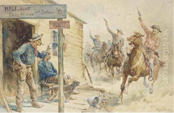 Cow-boys A Cheval Tirant Au Pistolet Devant Un Saloon Oil Painting by Feller, Frank