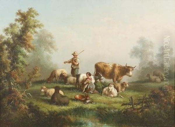 Zwei Pastorale Landschaften Mit Staffage. Oil Painting by Prosper Ferey