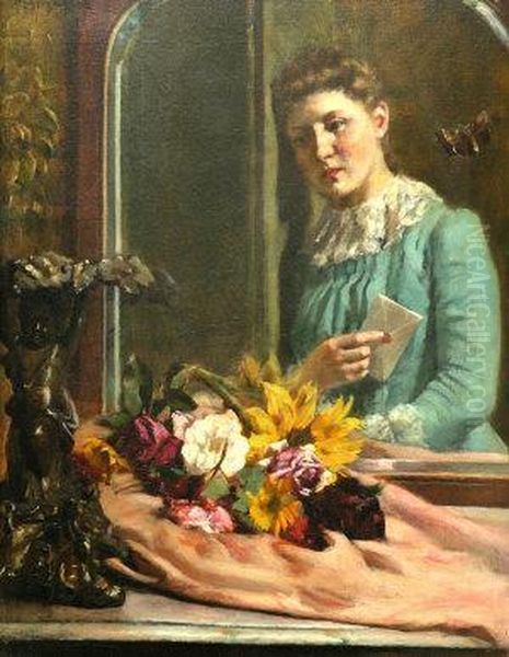Lady Holding A Letter Reflected In A Mirror Oil Painting by John Ferguson