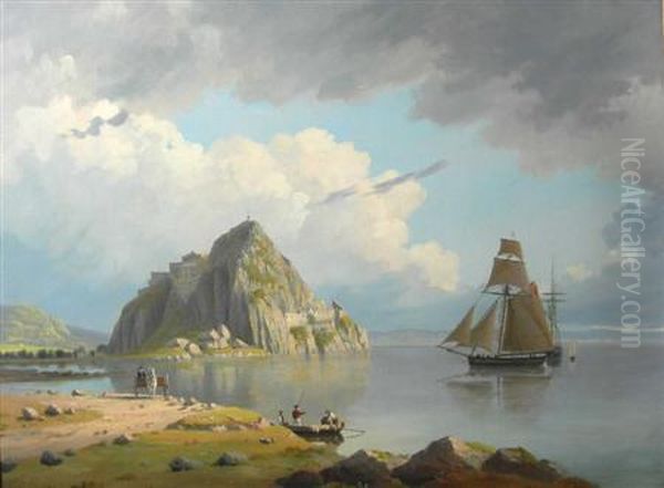 Dumbarton Rock With A Vessel And Figures In The Background Oil Painting by John Ferguson