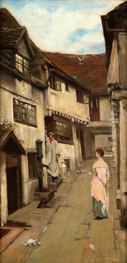 Street Scene With Figures, St. Ives Cornwall Oil Painting by John Ferguson