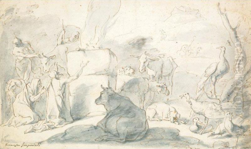Noe In Ginocchio Davanti All'ara Sacrificale Con Intorno Vari Animali Oil Painting by Francesco Fernandi