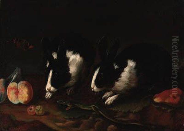 Rabbits, A Lizard, Pears, Peaches And A Red Admiral Butterfly Oil Painting by Francesco Fernandi