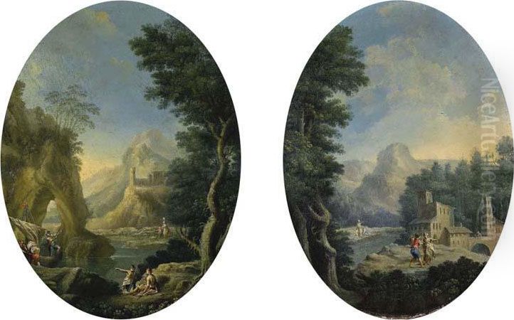 Paesaggio Fluviale Con Viandanti E Arco Naturale Oil Painting by Nunzio Ferrajoli