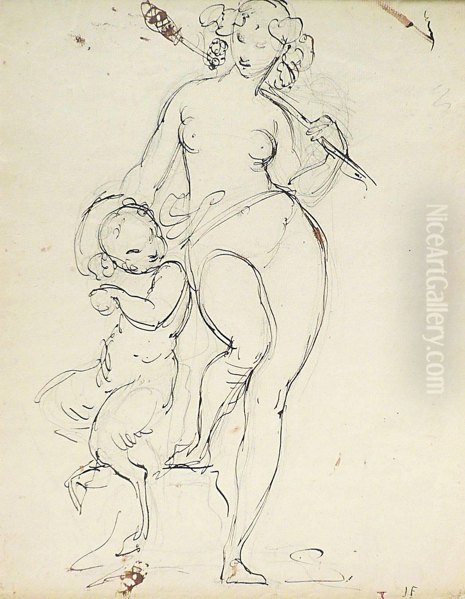 Jeune Femme Nue Et Satyre. Oil Painting by Feuchere