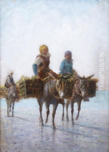 Les Ramasseuses De Varech A Dos D'ne Oil Painting by Francois Nicolas Augustin Feyen-Perrin