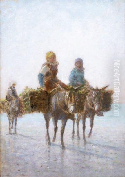 Les Ramasseurs De Varechs A Dos D'ne Oil Painting by Francois Nicolas Augustin Feyen-Perrin