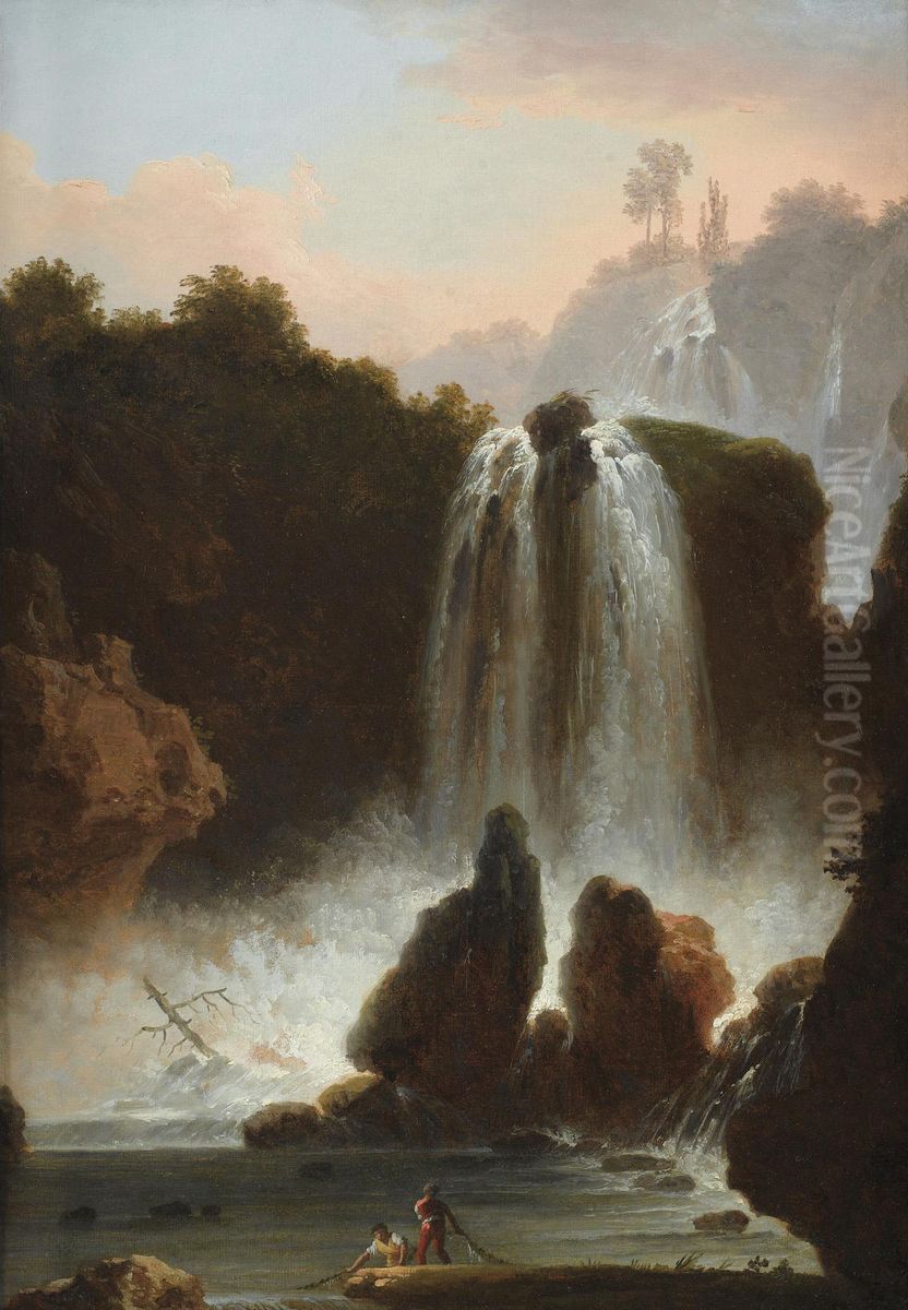 Paysage De Cascades En Italie Anime De Personnages; Oil Painting by Francesco Fidanza