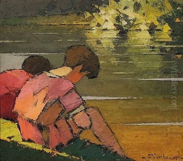 Enfants Au Bord De L'eau Oil Painting by Frederic Fiebig