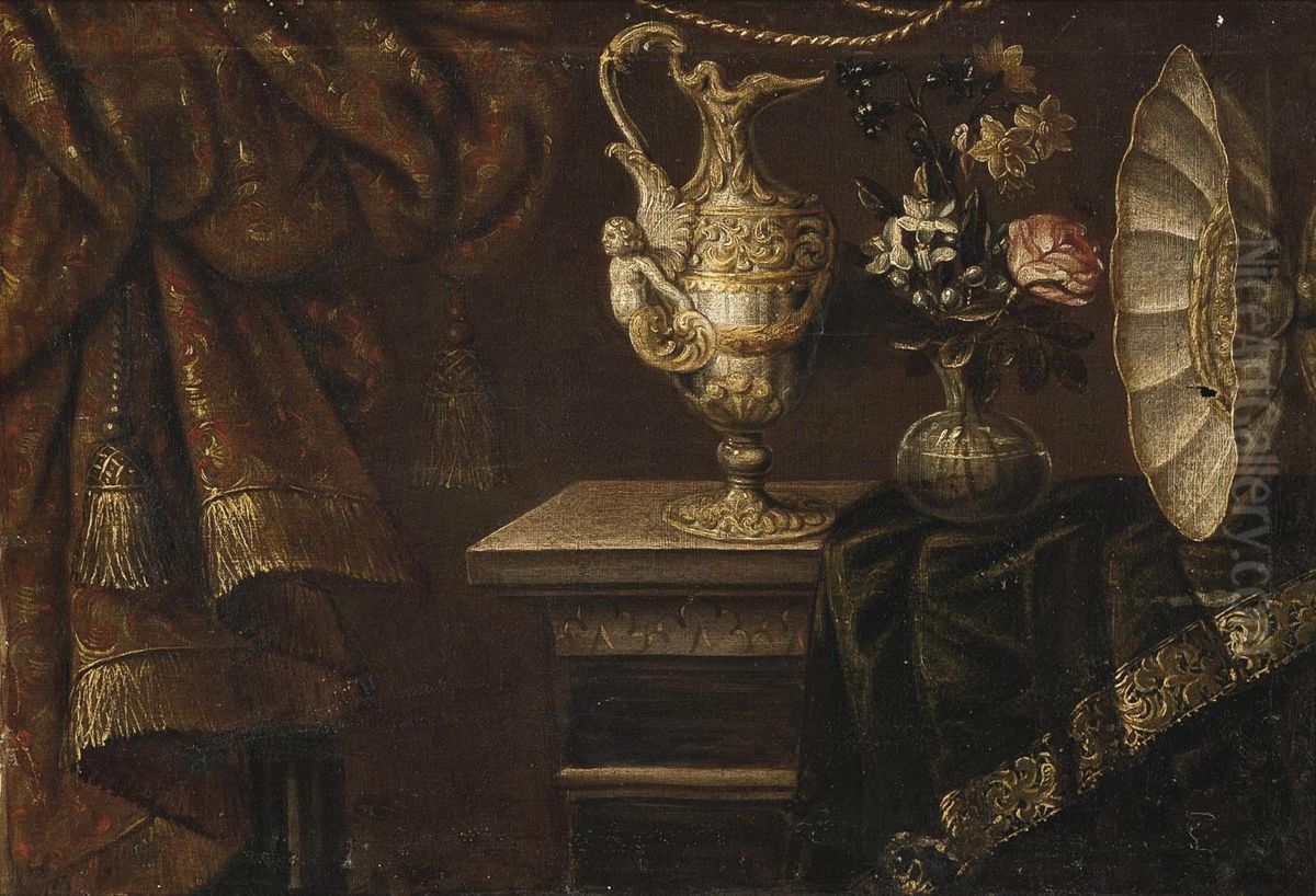 A Rose, Narcissi And Morning Glory In A Glass Vase, With A Sculptured Ewer And A Salver On A Partially Draped Table Oil Painting by Francesco (Il Maltese) Fieravino
