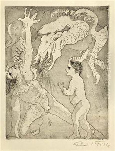 Father And Son Attacked By The Dragon Of War Oil Painting by Emil Filla