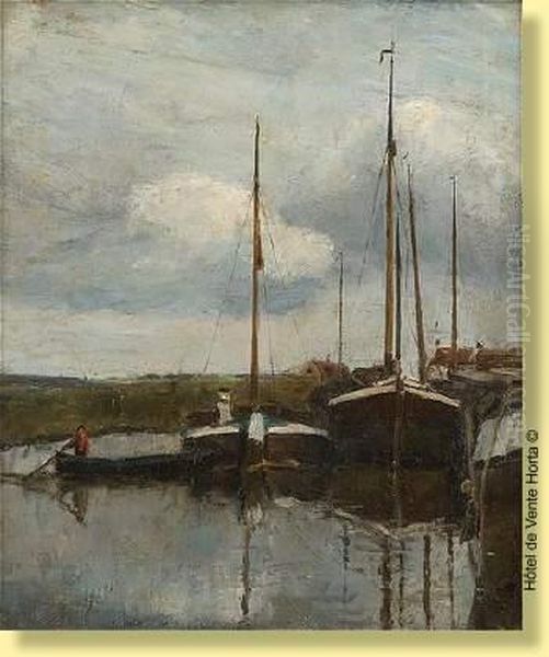 Peniches En Bord De Canal Oil Painting by Alfred William (Willy) Finch