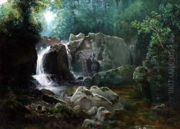 AWaterfall In A Wooded River Landscape Oil Painting by Thomas Finchett