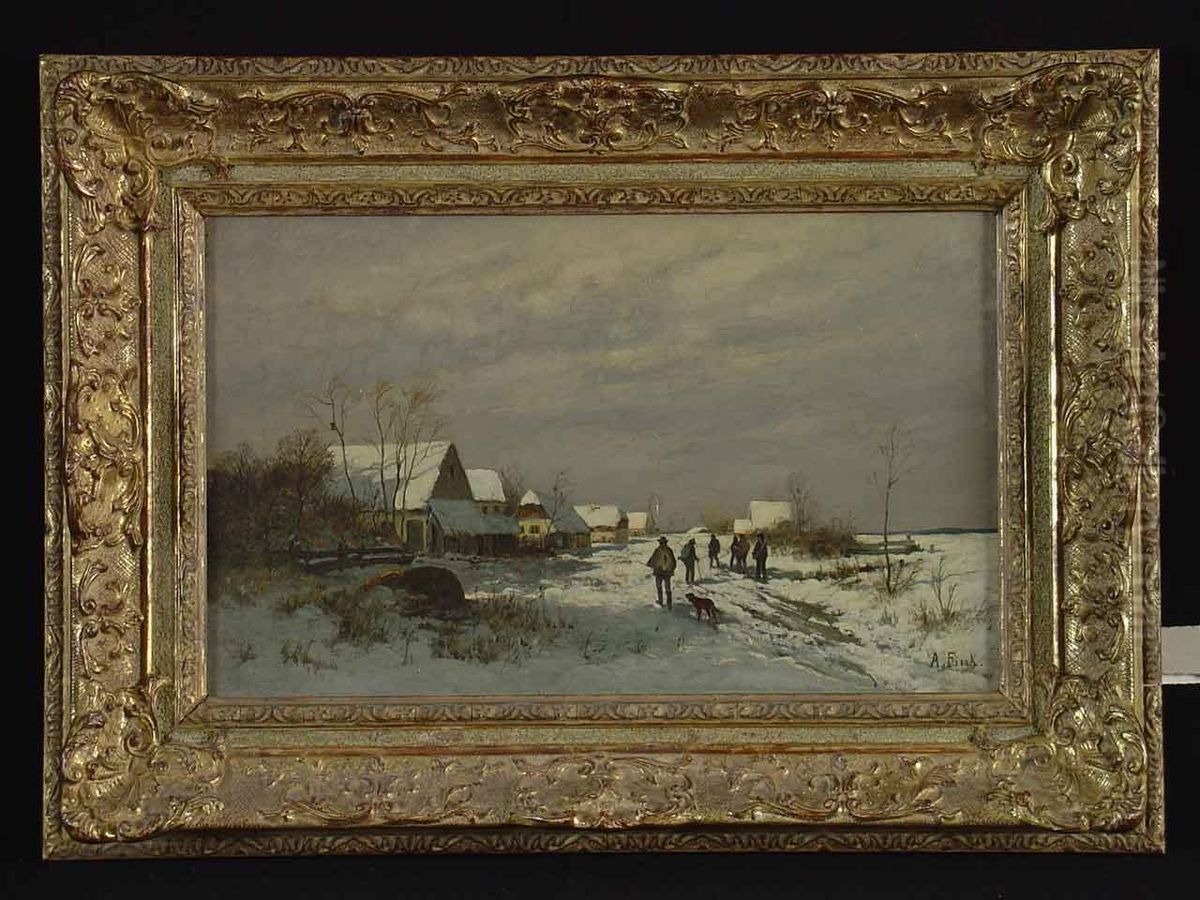 Winterliches Dorf Mit Jager Oil Painting by August Fink