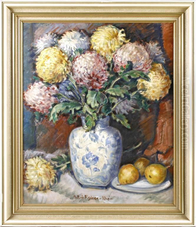 Chrysanthemenstillleben Mit Fruchteteller Oil Painting by Jakob Fischer