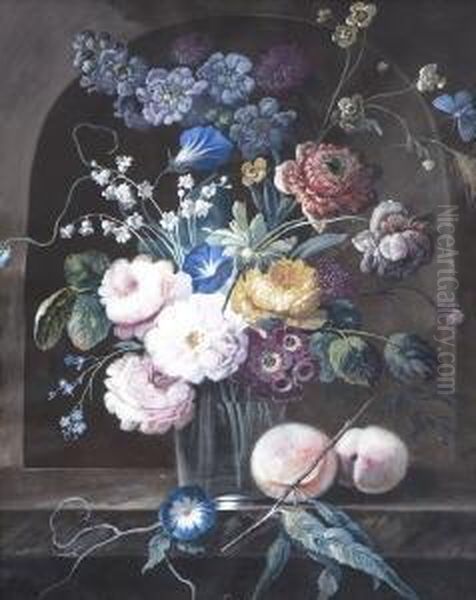 Blumenstraus In Glasvase Und Pfirsiche Vor Steinnische. Oil Painting by Joseph Fischer