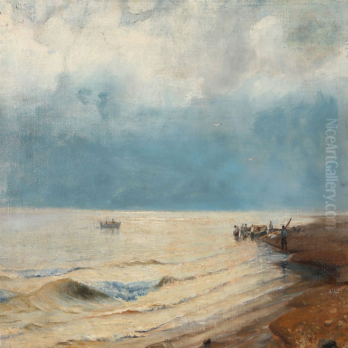 Beach Scene With Fishermen In The Water Edge Oil Painting by Vilhelm Theodor Fischer