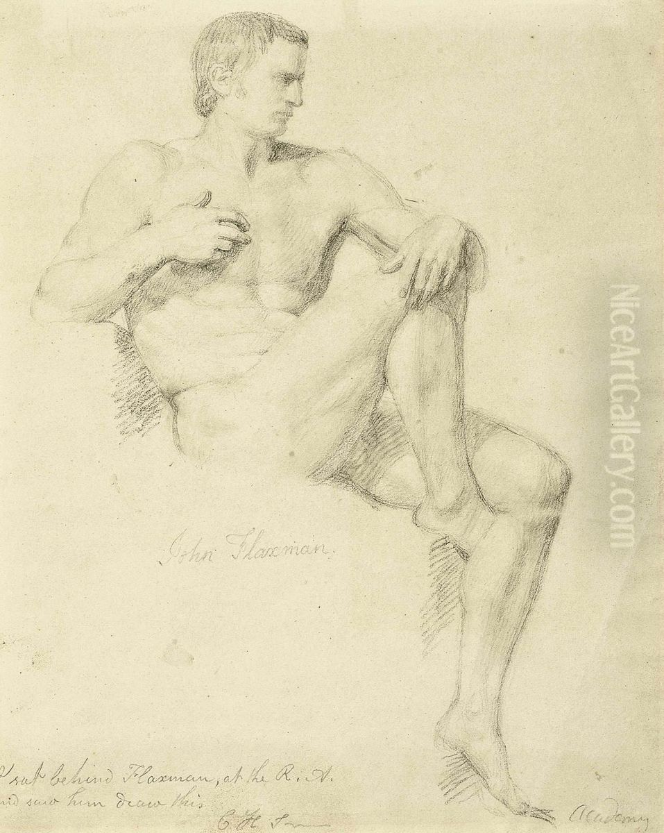 Study Of A Seated Male Nude, Right Leg Raised Oil Painting by John Flaxman