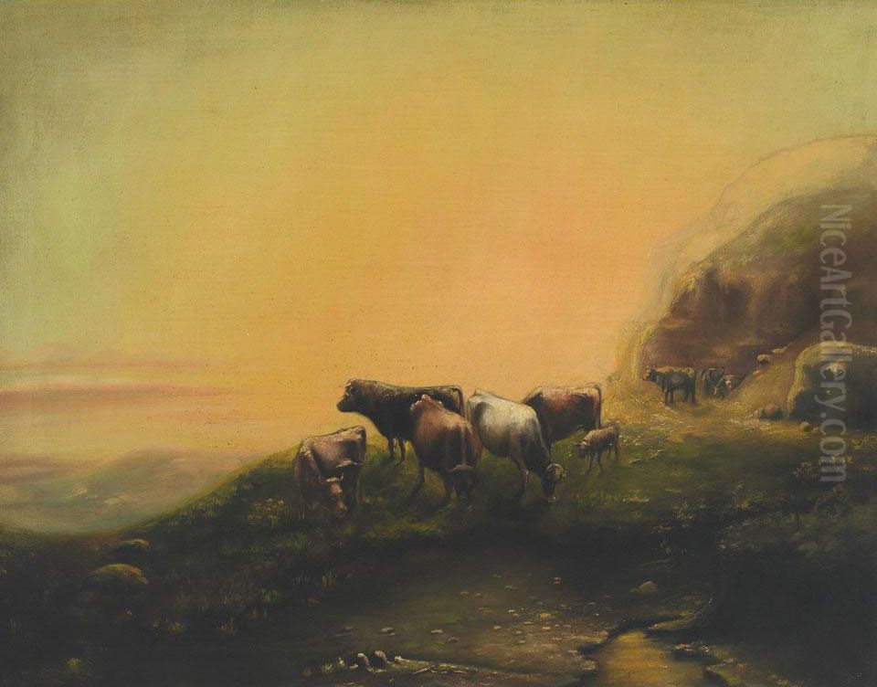Cattle Grazing In The Mountains Oil Painting by Alexander M. Fleming