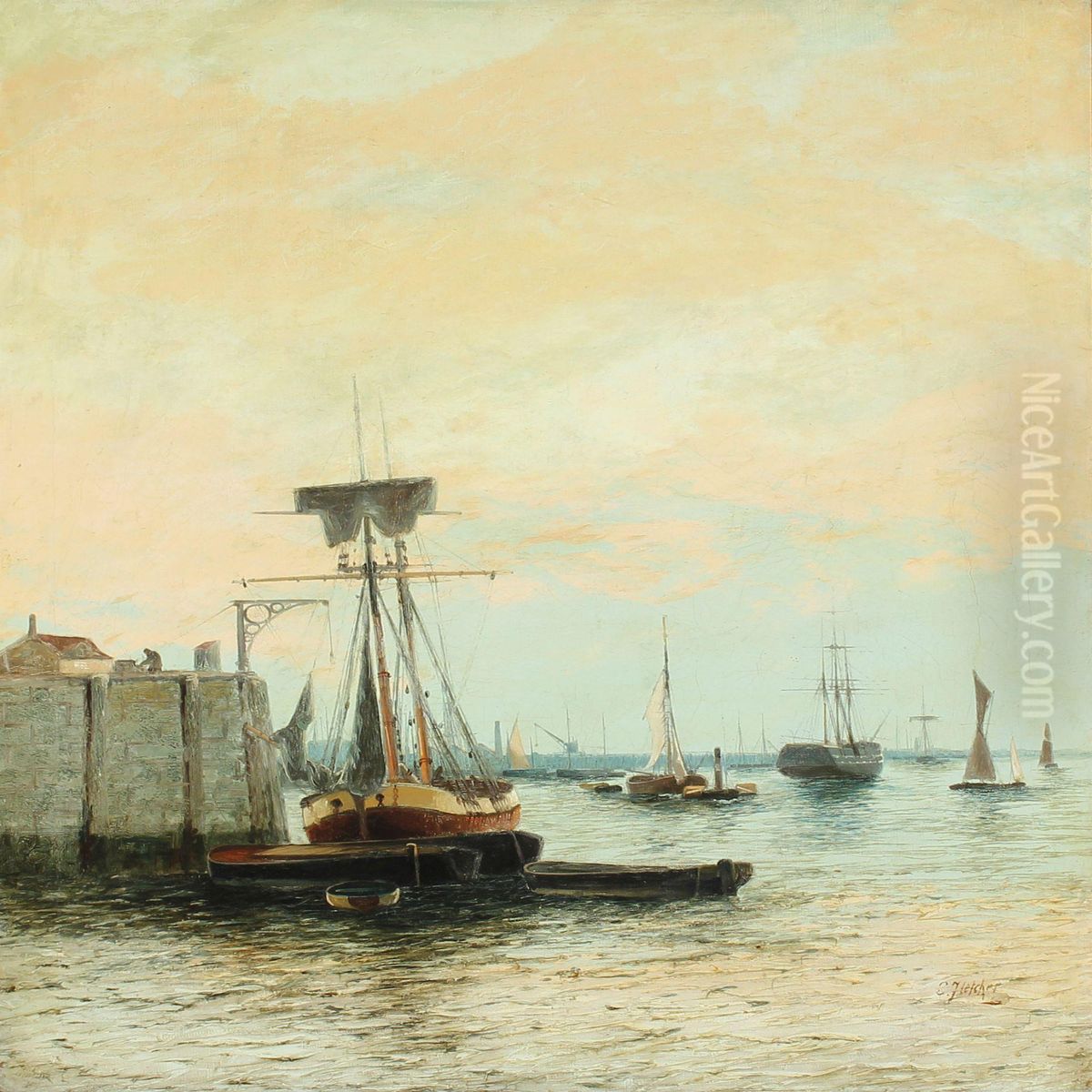 Harbour Scenery With Numerous Vessels Oil Painting by Edwin Fletcher