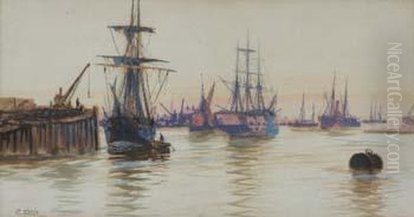 Views On The ThamesWith Tower Bridge In The Distance, Oil Painting by Edwin Fletcher