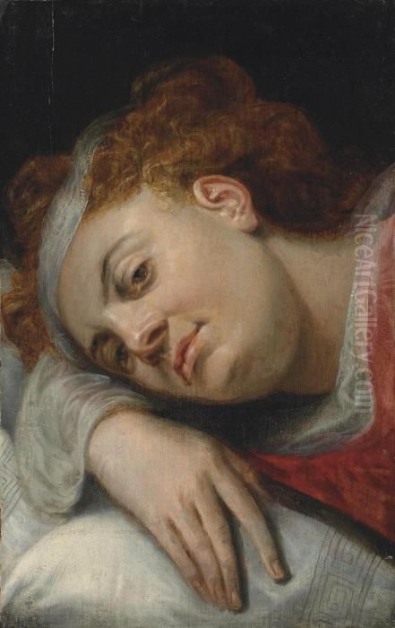 A Woman Resting Her Head On Her Right Arm Oil Painting by Frans Floris