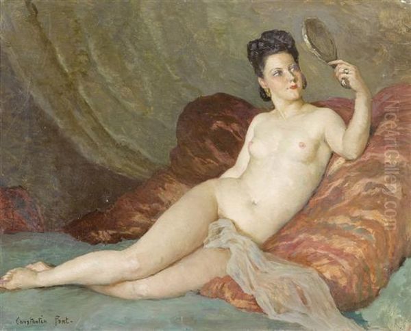Reclining Female Nude With Mirror Oil Painting by Constantin Font