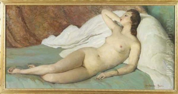 Nu Etendu Devant Un Rideau Rouge Oil Painting by Constantin Font