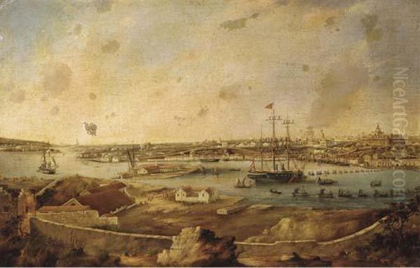 Le Duque De Montpensier Coming Ashore From A Spanish Ship Lying Inport Mahon, Minorca, During His Visit To The Island In April,1852 Oil Painting by Juan Font Y Vidal