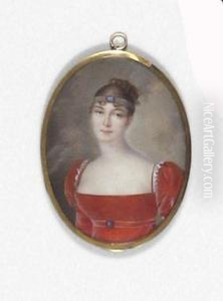 Bildnis Einer Dame In Rotem Kleid Mit Kameeschmuck. Oil Painting by Jean Francois Gerard Fontallard