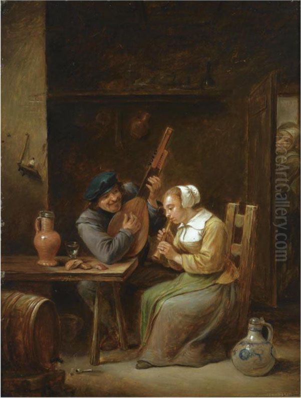 A Couple In An Inn Making Music, A Woman Listening In The Doorway Oil Painting by Pieter Fontijn