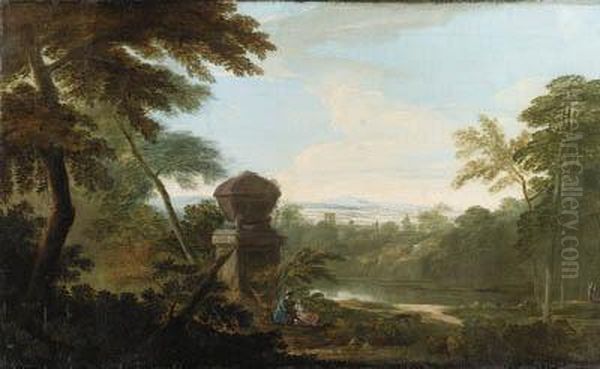 An Italianate Wooded River Landscape Oil Painting by James Forrester