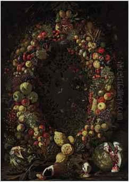 A Garland Of Fruit With Guinea Pigs And Watermelons Oil Painting by Luca Forte