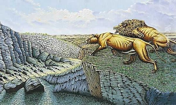 A L'heure Ou Les Grands Fauves Vont Boire... Oil Painting by Edmond Fortin