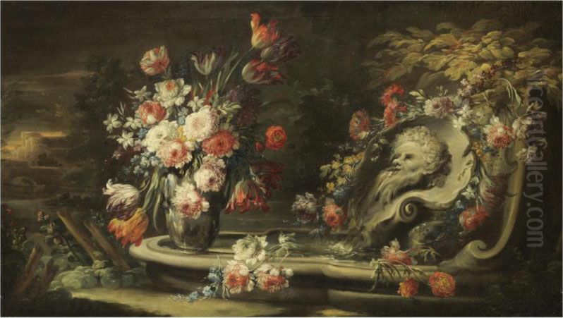 Still Life Of Roses, Tulips, Peonies And Other Flowers In A Vase Beside An Ornamental Fountain Oil Painting by Felice Fortunato