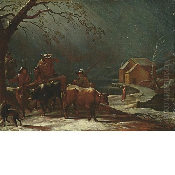 Paesaggio Innevato Con Mandriani E Armenti Oil Painting by Francesco Foschi