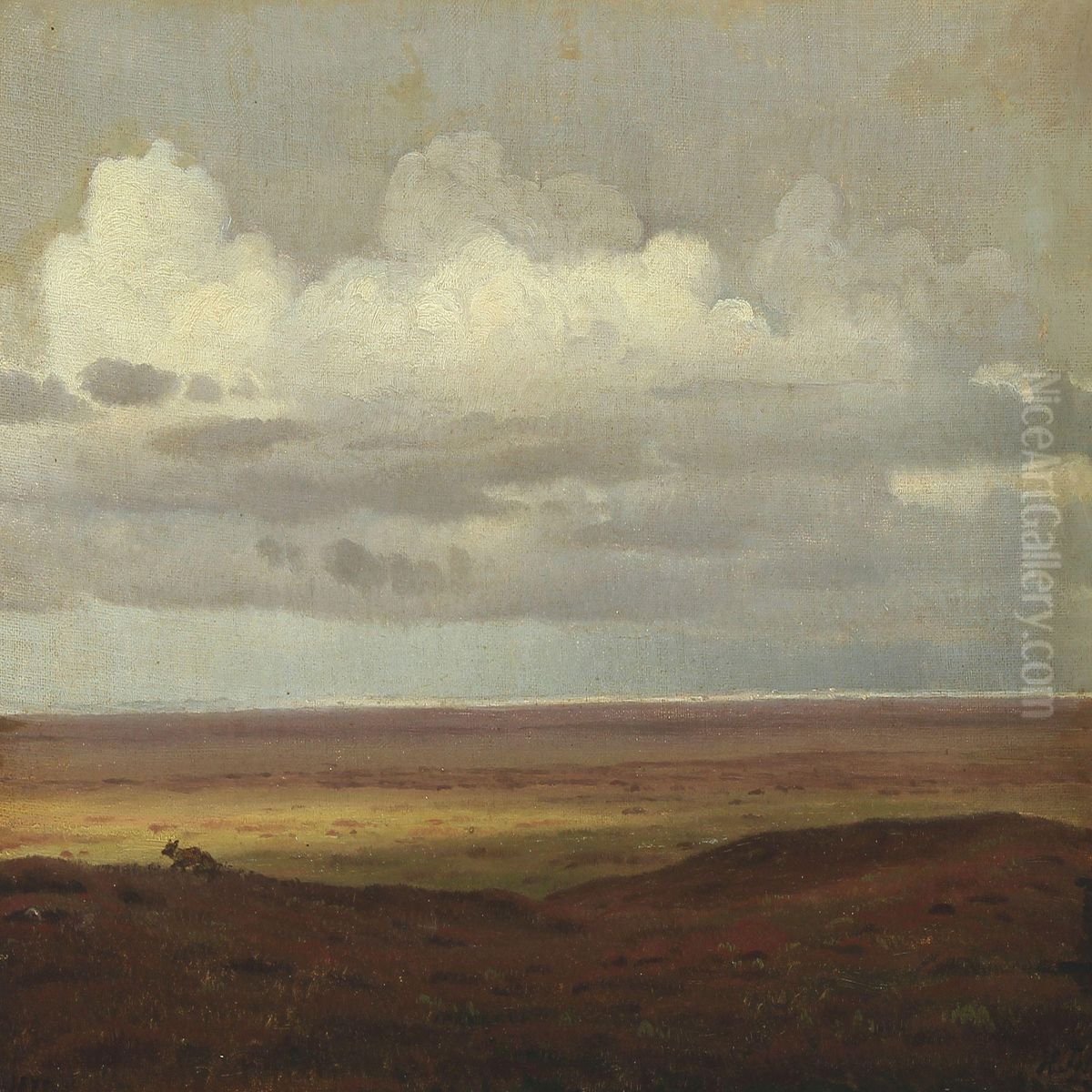 View Over Heather Moorland With Fox Oil Painting by Harald Foss