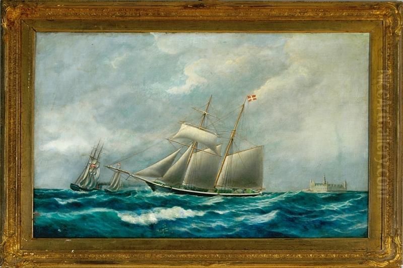 Ship Portrait Of A Danish Brigantine Saling Along The Coast Of Elsinore Castle Oil Painting by Peder Nielsen Foss