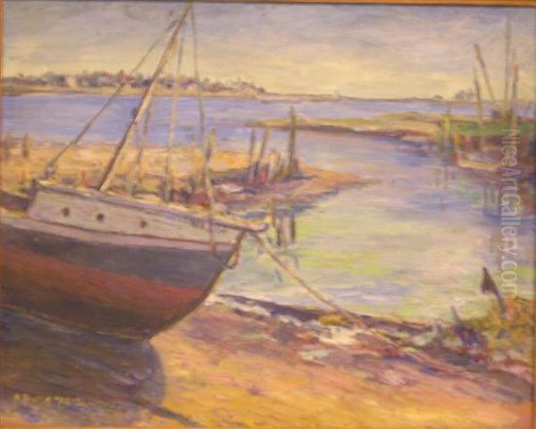 Shoreline Withbeached Boat Oil Painting by Nellie Foster Nagel