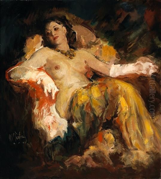 Nude With White Gloves Oil Painting by William Frederick Foster