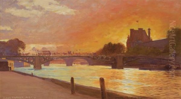 A Bridge Over The Seine River Oil Painting by Alexis Fournier