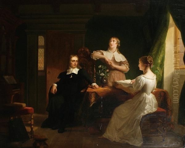 Milton And His Daughters Oil Painting by Henri Jean Baptiste Fradelle