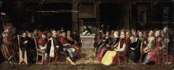 A Capriccio Of A Dominican Preaching To The Emperorcharles V, King Philip Ii Of Spain, A Pope And Their Brilliantlyattired Entourages Oil Painting by Hieronymus I Francken