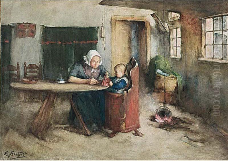 Mother And Child In A Cottage Interior Oil Painting by Eduard Frankfort